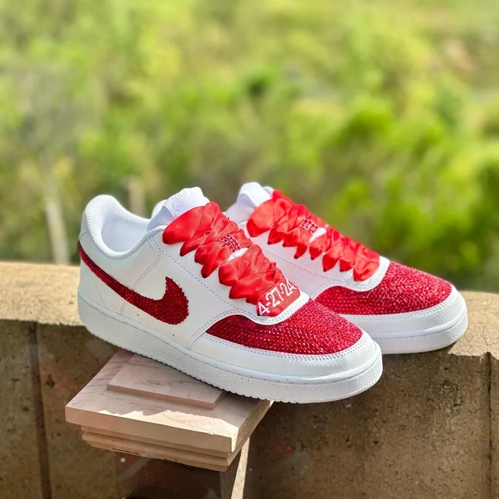Custom Red Bling Nike Court Vision Bling Sneakers, Rhinestone Wedding Shoes - Picture 5 of 9
